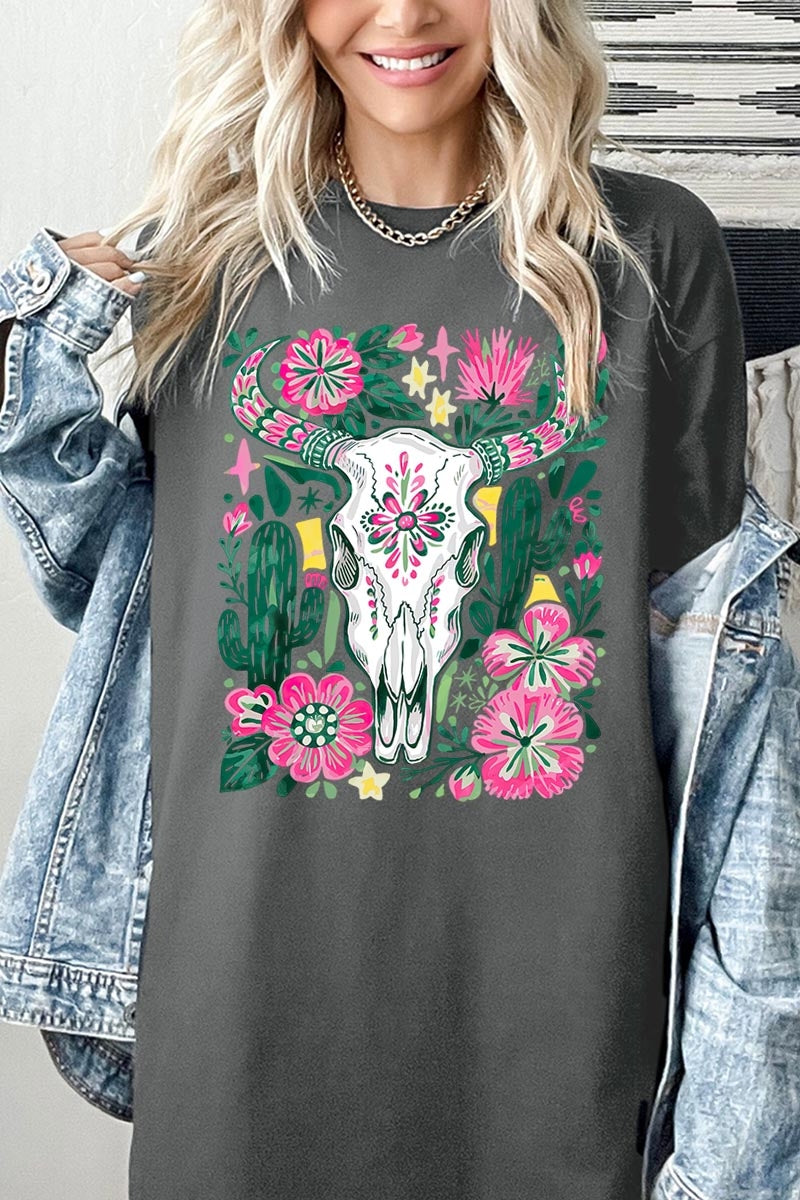 5000P-E3086 Western Floral Cow Skull Plus Heavy Cotton Tee $12.75