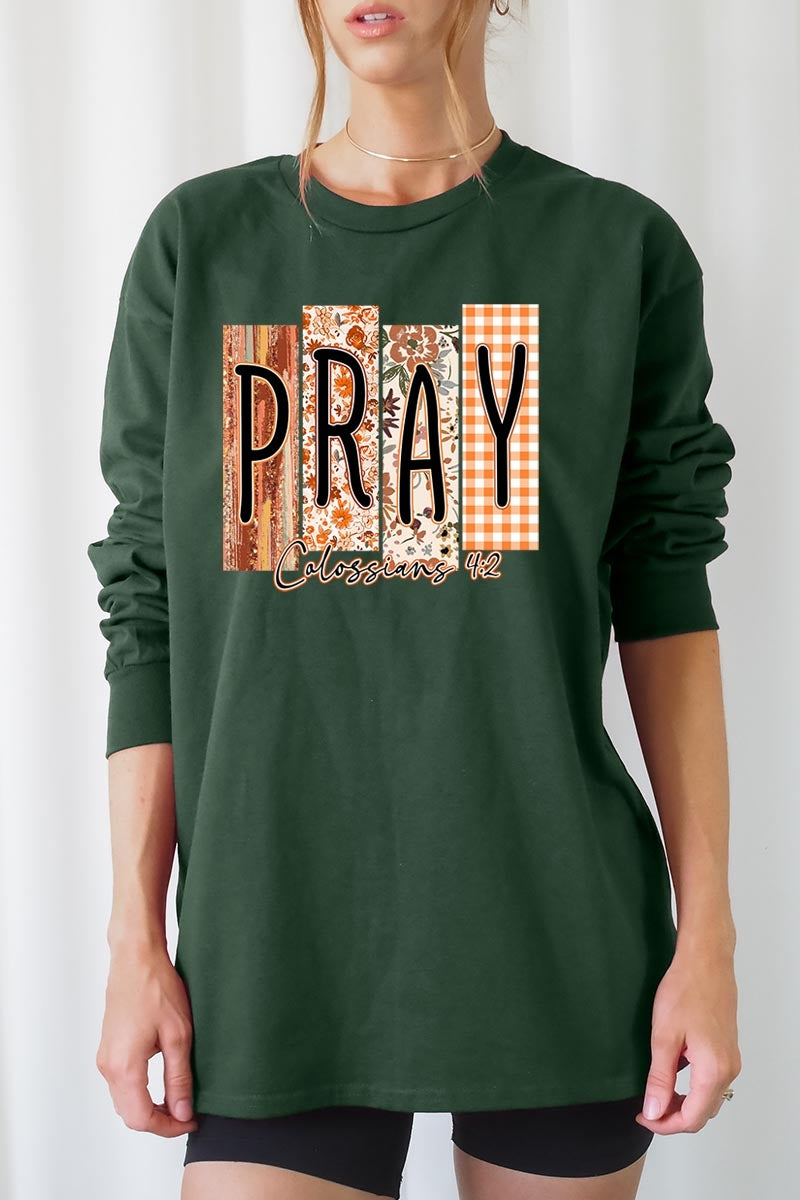 UL240-E3166 Pray Fall Christian Graphic Long Sleeve Tee $13.75