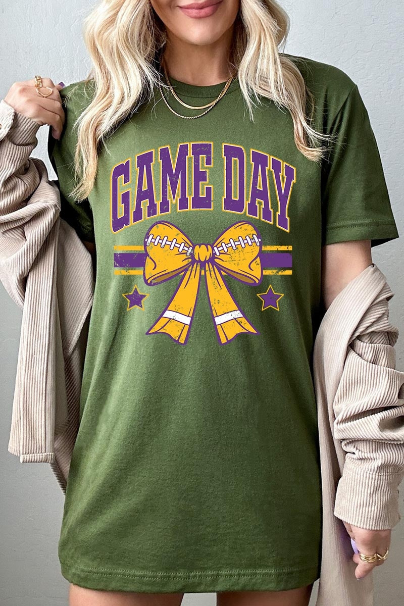 US3001P-E3063 Purple Game Day Football Bow Graphic Plus Tee $16