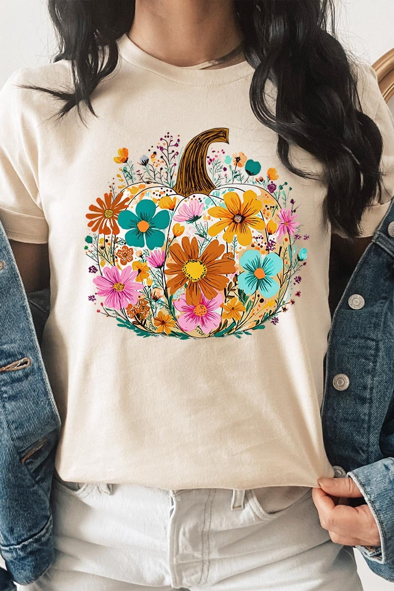 US3001-E3118 Floral Pumpkin Graphic Tee $12.5