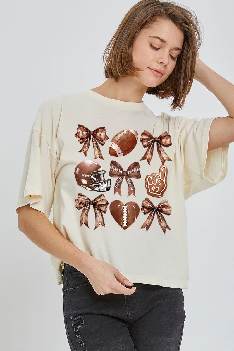 CTS-E3054 Cute Football and Bow Graphic Relaxed Crop Top $10.5
