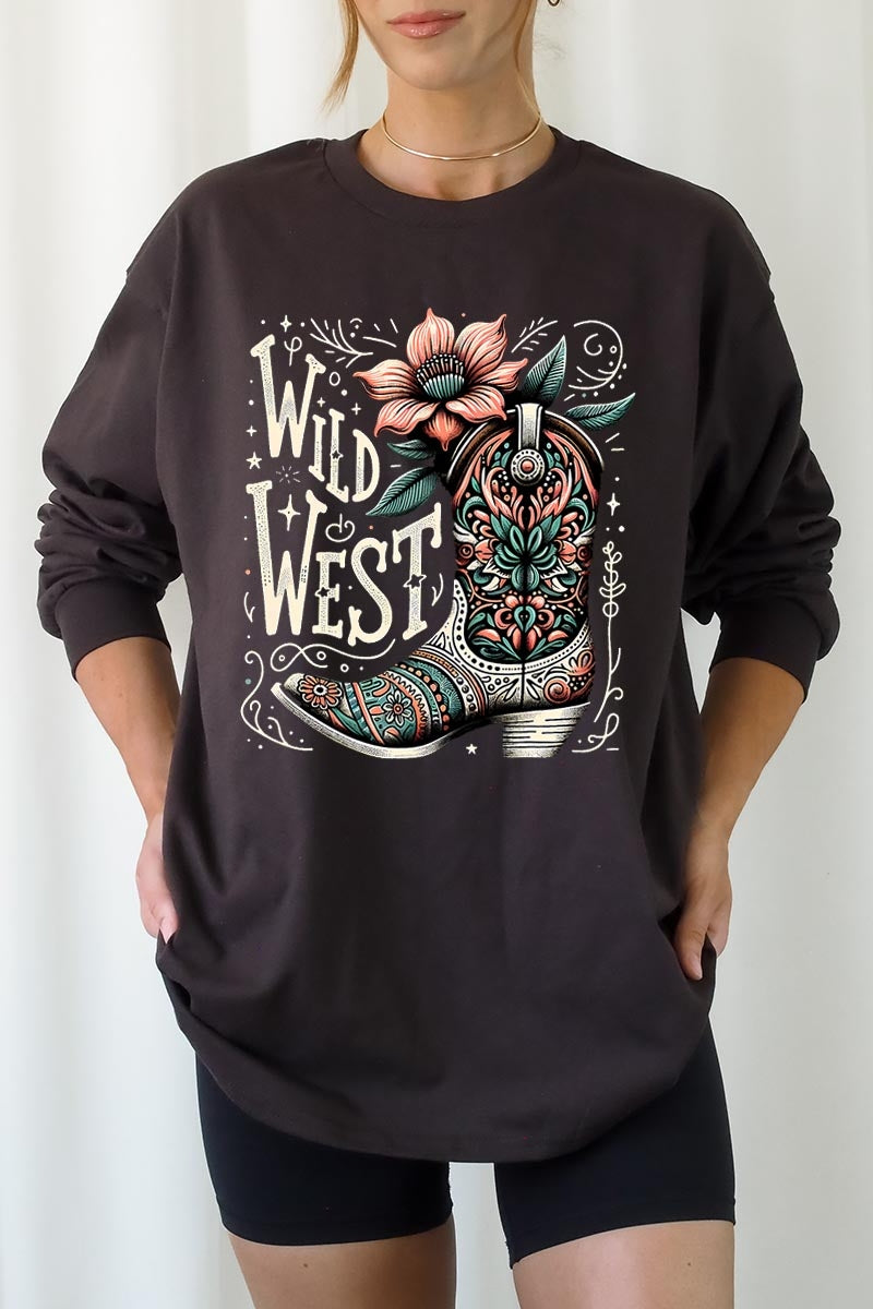 UL240-E3100 Wild West Cowgirl Boot Graphic Long Sleeve Tee $13.75