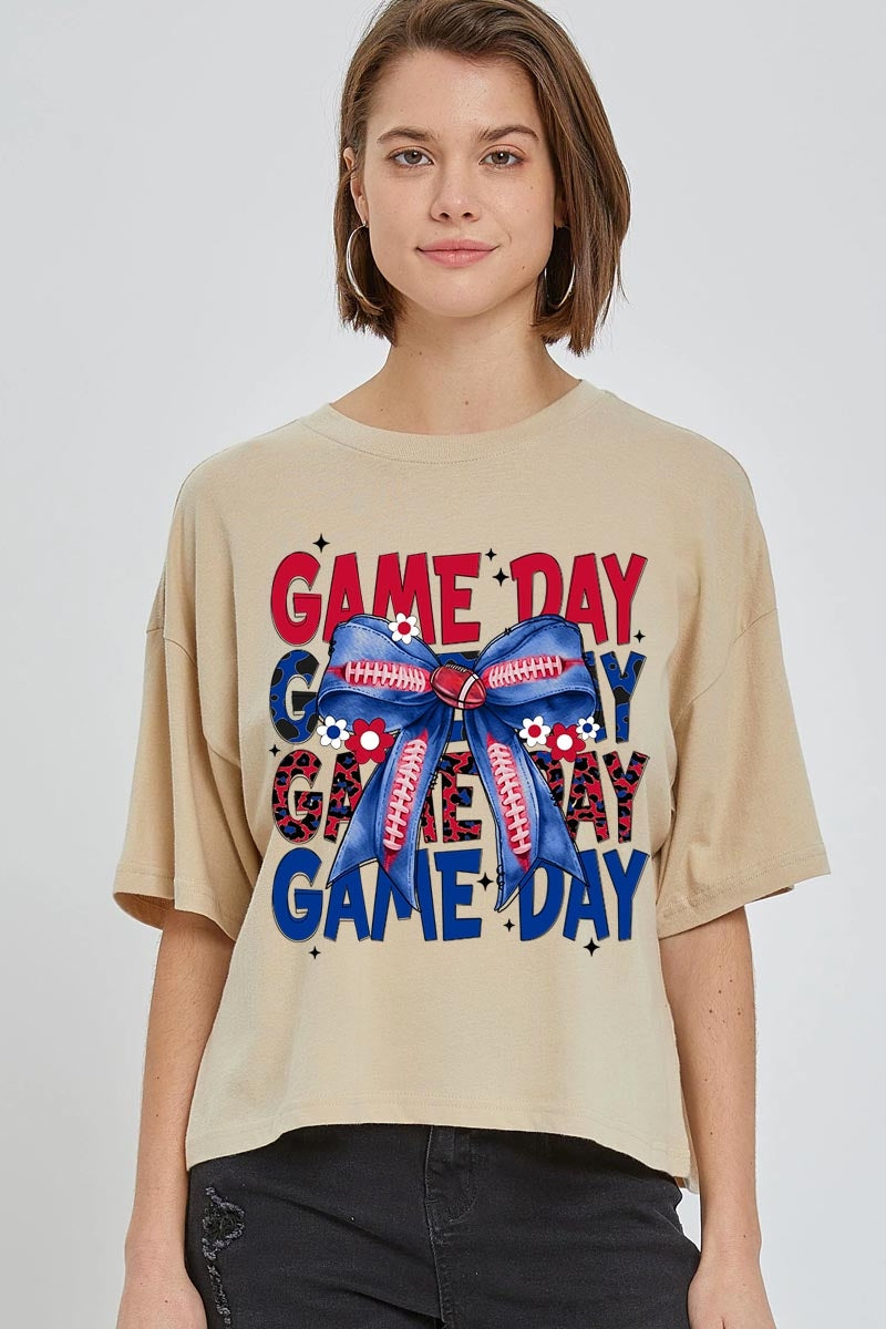 CTS-E3087 Red Blue Football Game Day Bow Relaxed Crop Top $11