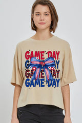 CTS-E3087 Red Blue Football Game Day Bow Relaxed Crop Top $11