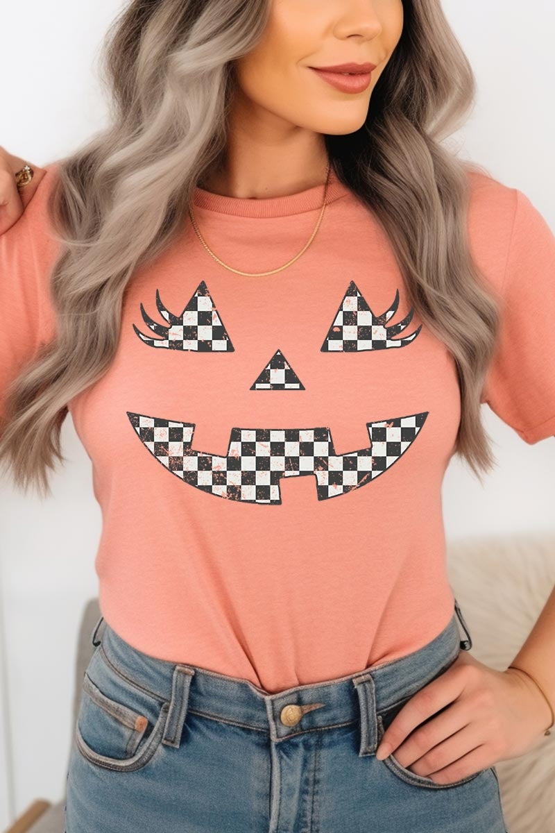 US3001P-E3149 Checker Pumpkin Face Graphic Plus Tee $16