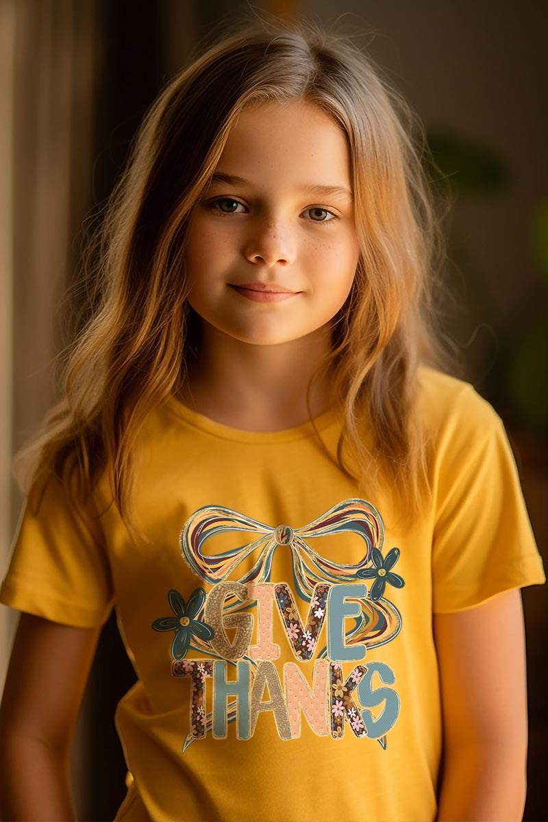 US3001Y-E3154Z Give Thanks Bow Kids Graphic Tee $11