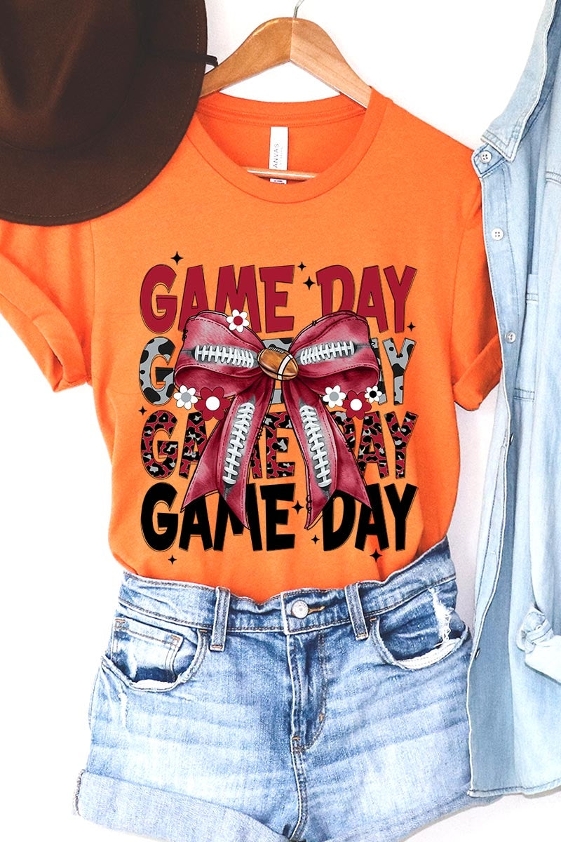 US3001-E3093 Red Silver Football Game Day Bow Graphic Tee $12.5