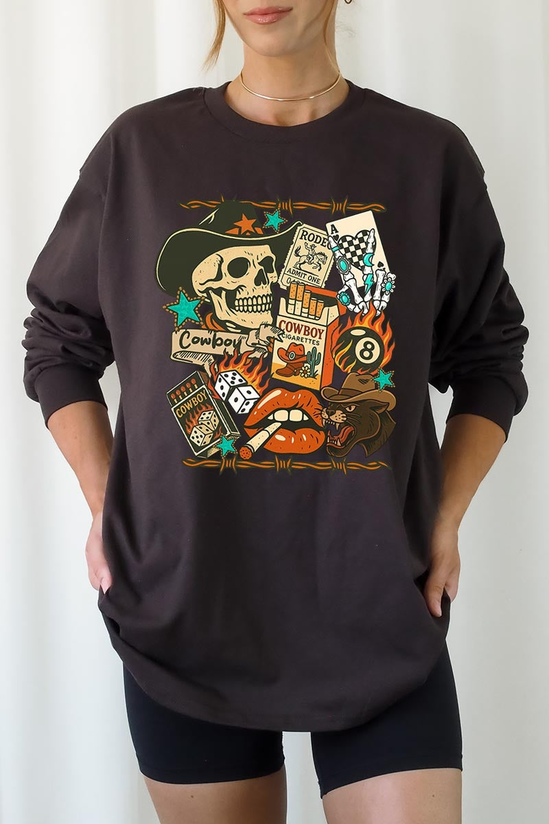 UL240P-E3096 Vintage Western Collage Plus Long Sleeve Tee $17