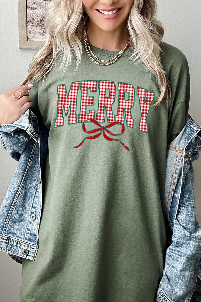 5000-E3206 Plaid Merry Christmas Bow Graphic Heavy Cotton Tee $9