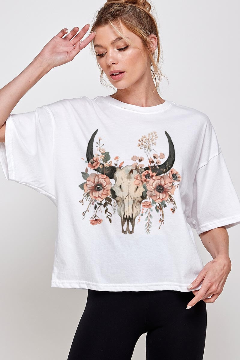 CTS-E3113 Western Skull Floral Graphic Relaxed Crop Top $11