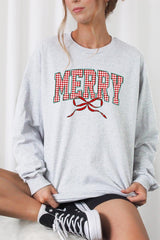 UL240P-E3206 Plaid Merry Christmas Bow Graphic Plus Long Sleeve Tee $17