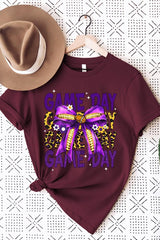 US3001-E3092 Purple Yellow Football Game Day Bow Graphic Tee $12.5