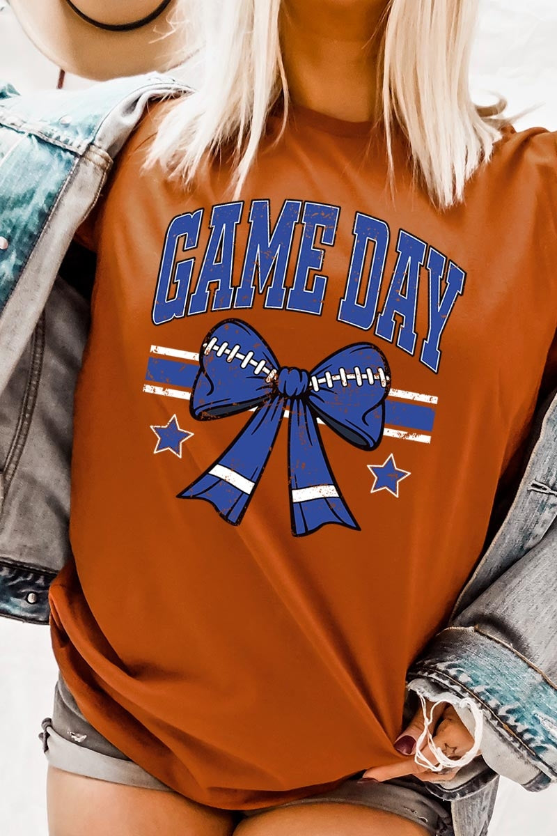 US3001-E3065 Blue Game Day Football Bow Graphic Tee $12.5