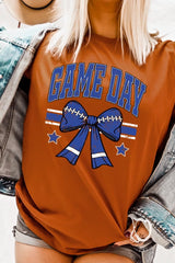 US3001-E3065 Blue Game Day Football Bow Graphic Tee $12.5
