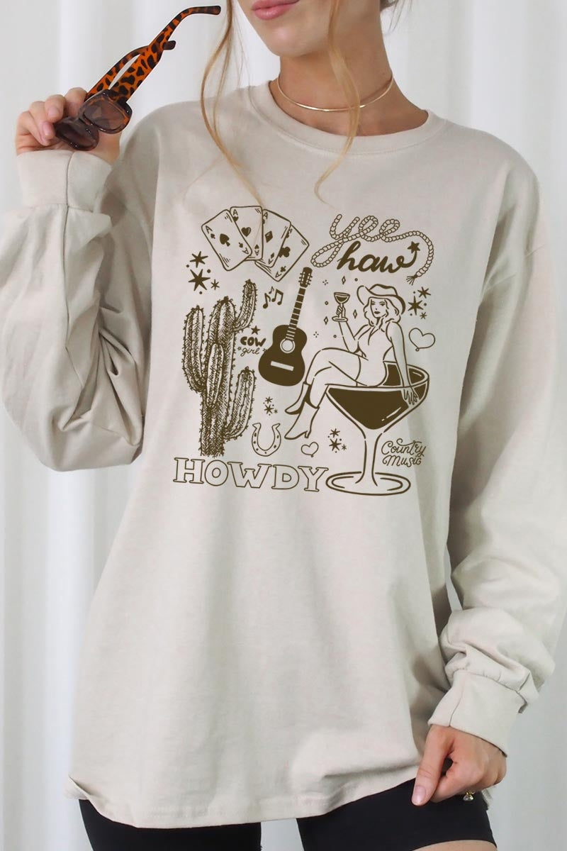 UL240-E3097 Cowgirl Country Music Graphic Long Sleeve Tee $13.75