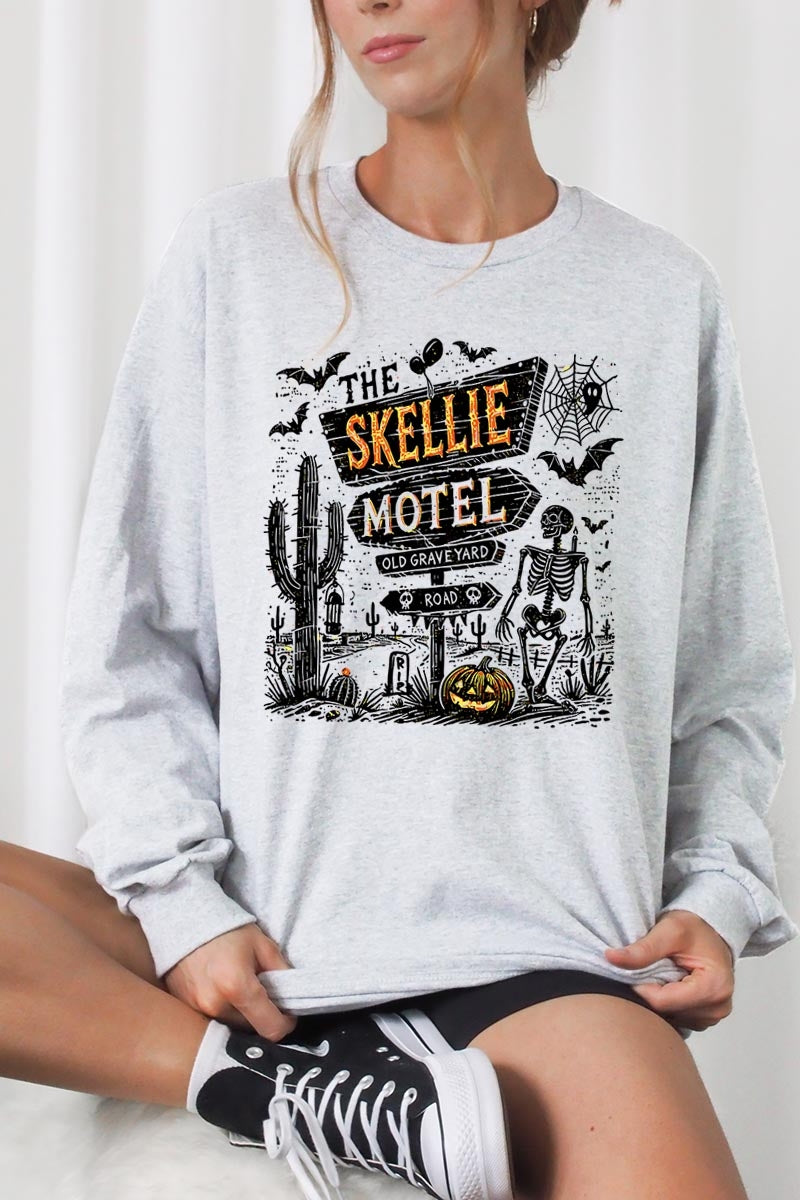 UL240-E3108 Skellie Motel Halloween Graphic Long Sleeve Tee $13.75