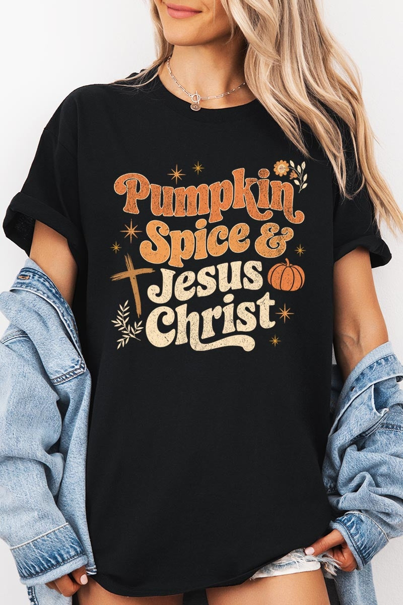 5000-E3164 Pumpkin Spice & Jesus Graphic Heavy Cotton Tee $9