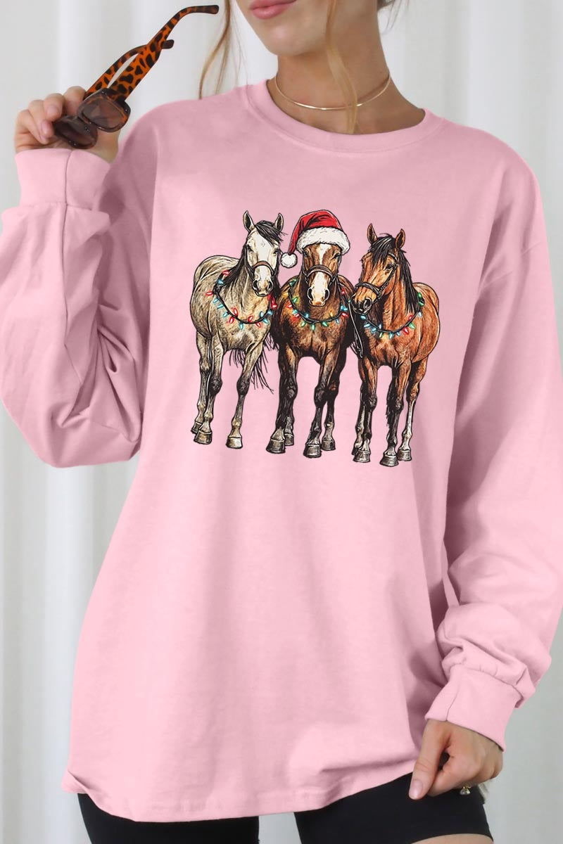 UL240P-E3182 Christmas Horses Graphic Plus Long Sleeve Tee $17