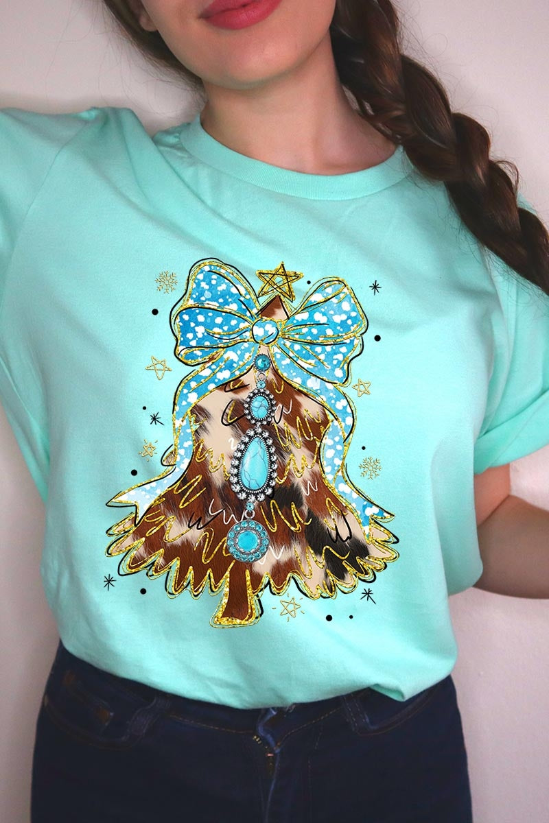 US3001P-E3184 Turquoise Christmas Tree Graphic Plus Tee $16