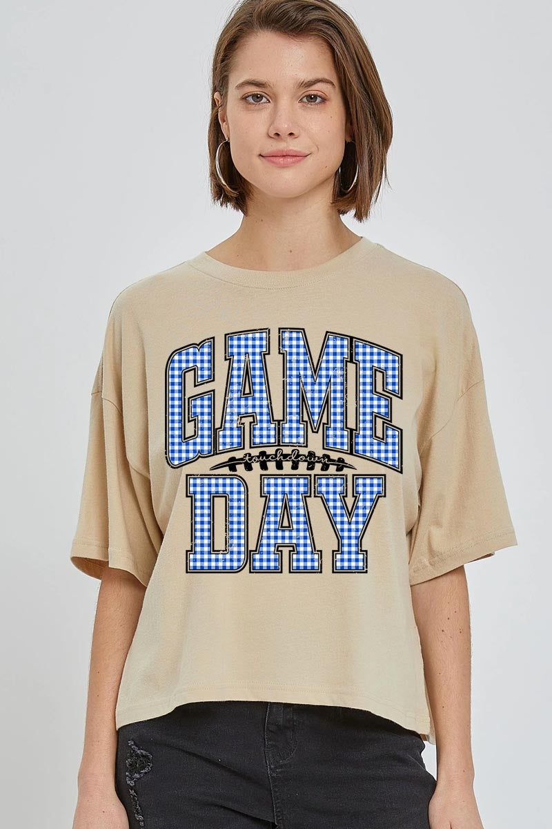CTS-E3130 Blue Gingham Game Day Graphic Relaxed Crop Top $11