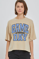 CTS-E3130 Blue Gingham Game Day Graphic Relaxed Crop Top $11
