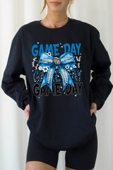 UL240-E3089 Blue Silver Football Game Day Bow Long Sleeve Tee $13.75