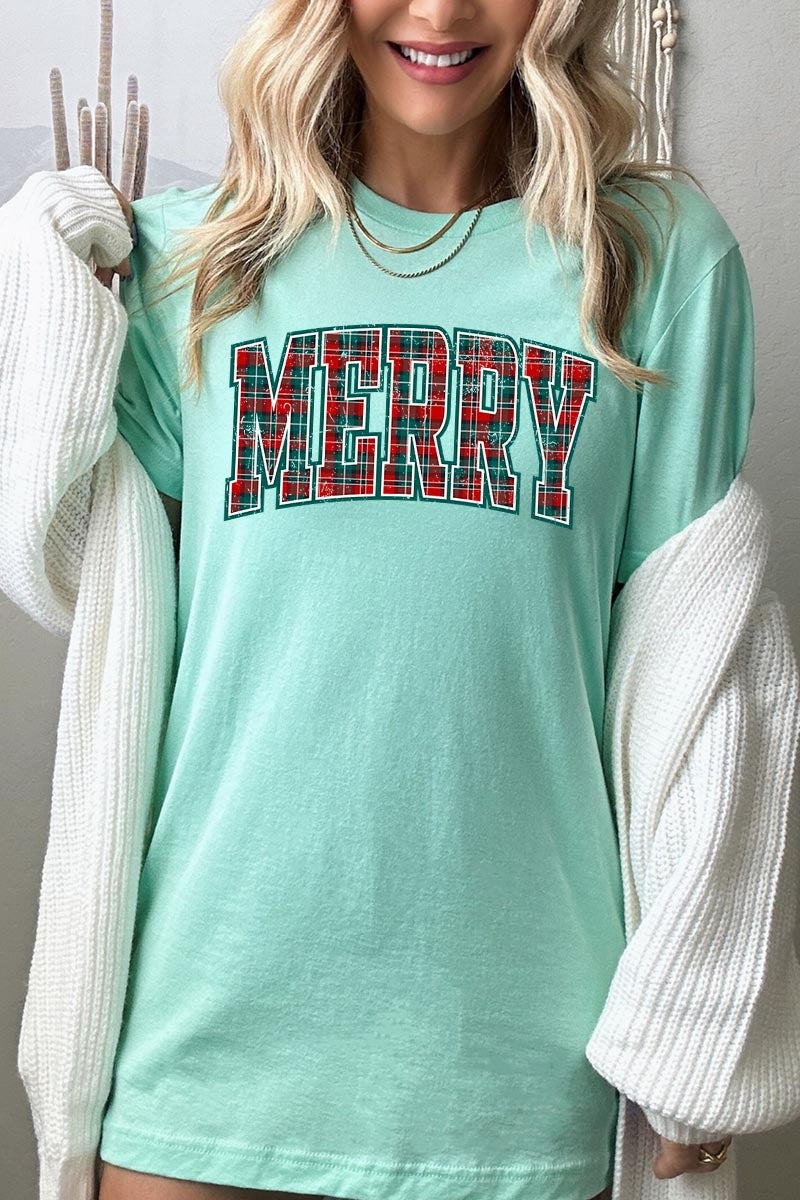 US3001P-E3210 Classic Plaid Merry Graphic Plus Tee $16