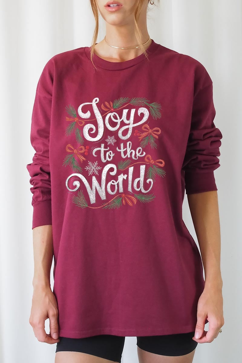 UL240P-E3221 Joy to the World Christmas Graphic Plus Long Sleeve Tee $17
