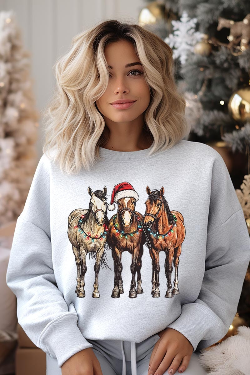 UL180-E3182 Christmas Horses Graphic Sweatshirt $20