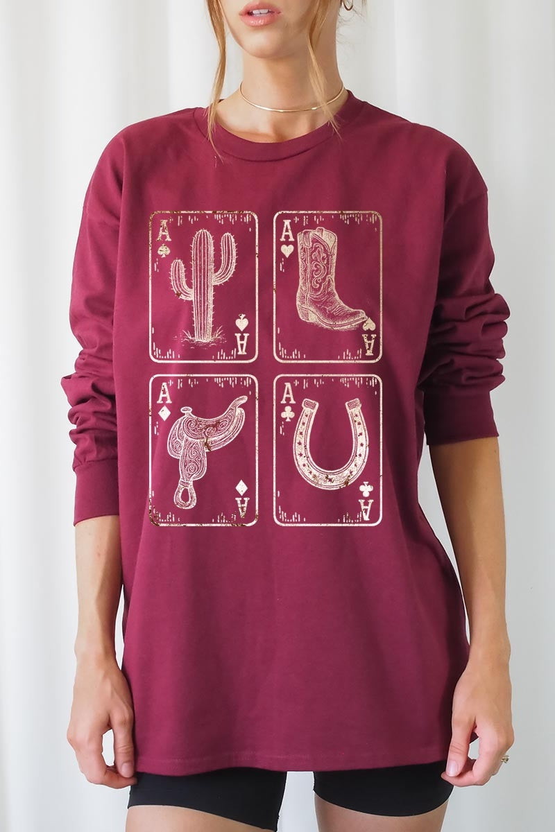 UL240-E3094 Western Cowgirl Card Graphic Long Sleeve Tee $13.75