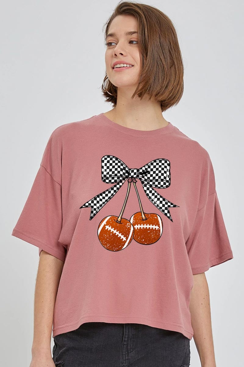 CTS-E3055 Football Cherries Graphic Relaxed Crop Top $10.5