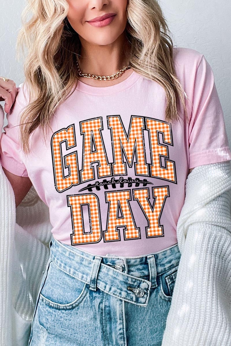 US3001P-E3129 Orange Gingham Game Day Graphic Plus Tee $16