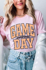 US3001-E3129 Orange Gingham Game Day Graphic Tee $12.5