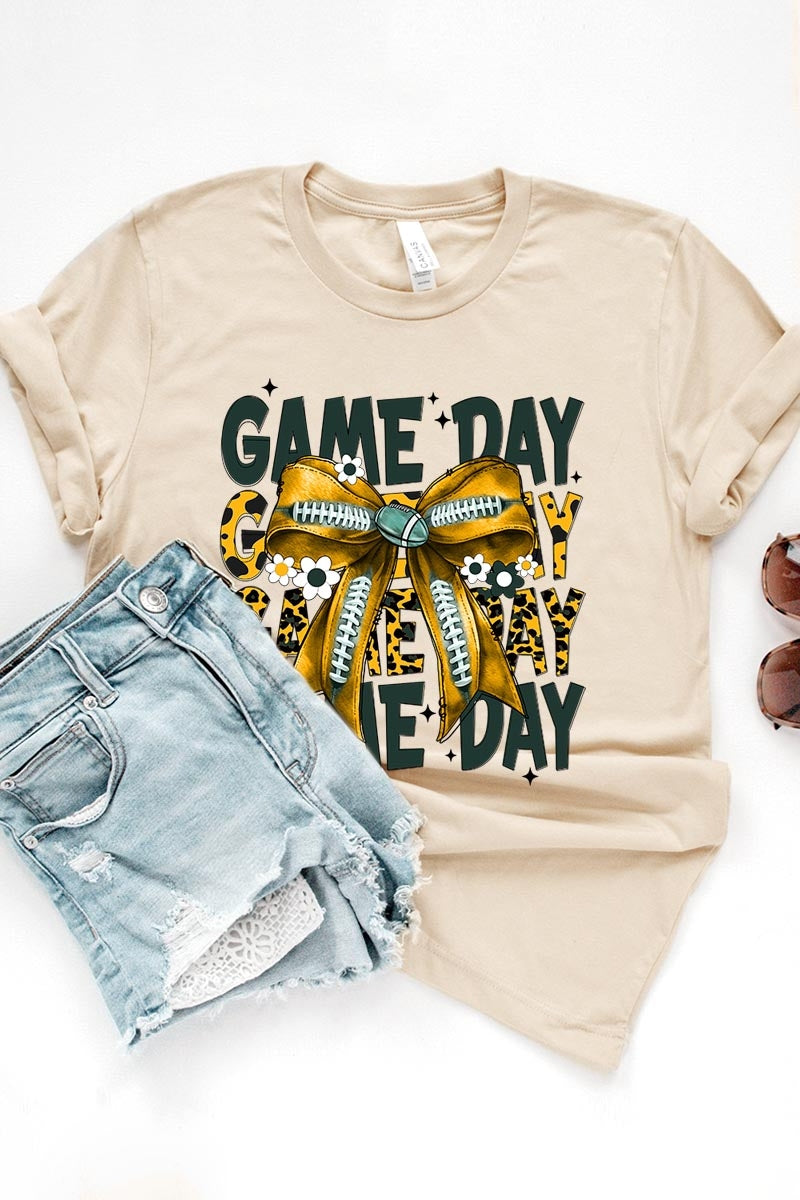 US3001-E3090 Yellow Football Game Day Bow Graphic Tee $12.5