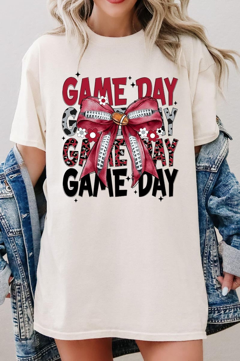 5000-E3093 Red Silver Football Game Day Bow Heavy Cotton Tee $9