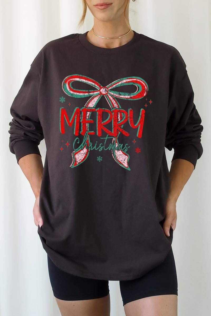 UL240P-E3197 Merry Christmas Bow Graphic Plus Long Sleeve Tee $17
