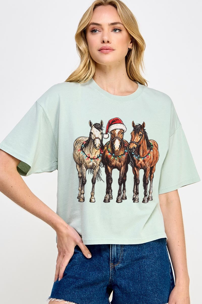 CTS-E3182 Christmas Horses Graphic Relaxed Crop Top $11