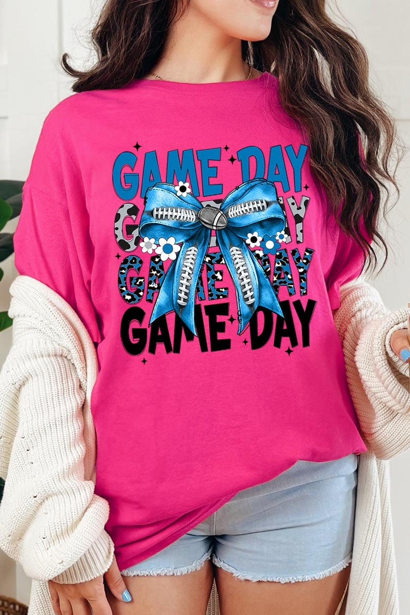 5000-E3089 Blue Silver Football Game Day Bow Heavy Cotton Tee $9