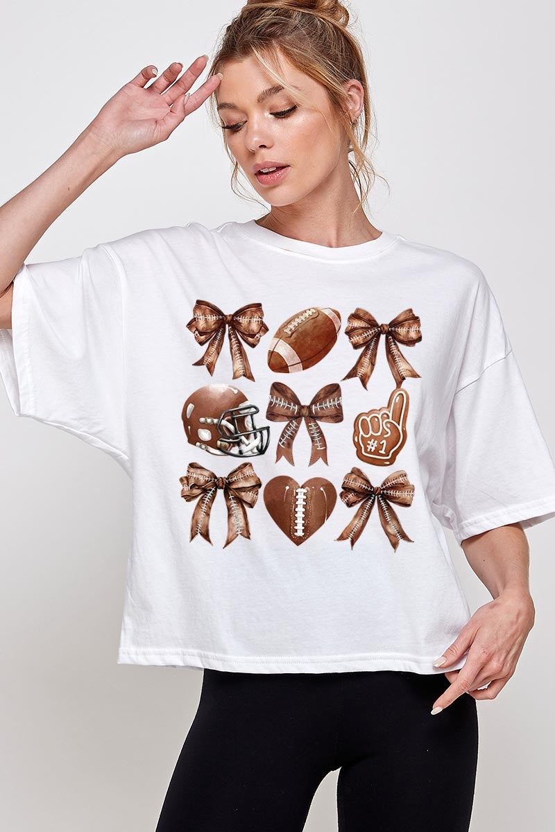 CTS-E3054 Cute Football and Bow Graphic Relaxed Crop Top $10.5