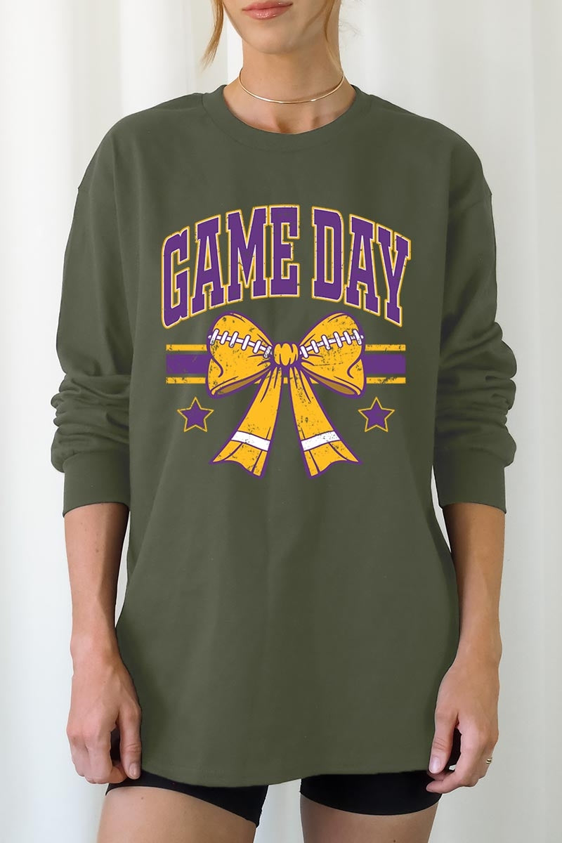 UL240-E3063 Purple Game Day Football Bow Long Sleeve Tee $13.75