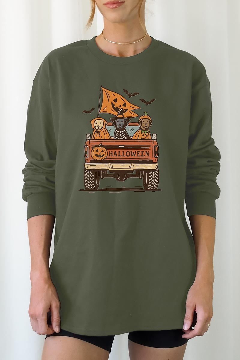 UL240P-E3150 Halloween Truck Dogs Graphic Plus Long Sleeve Tee $17