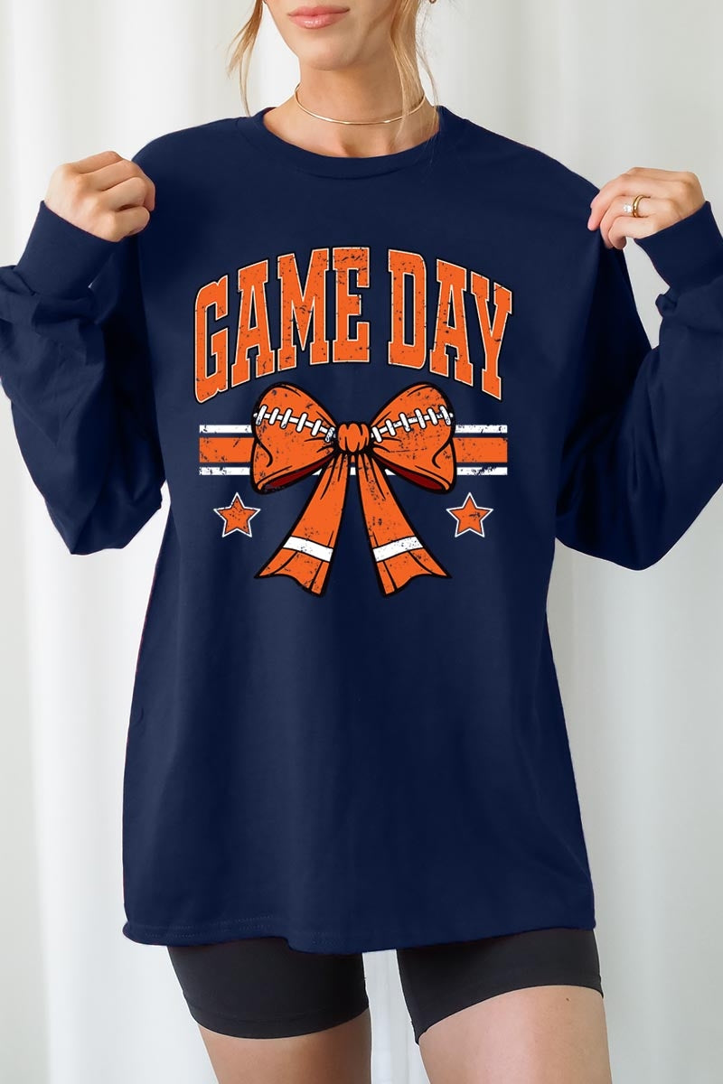 UL240-E3064 Orange Game Day Football Bow Long Sleeve Tee $13.75