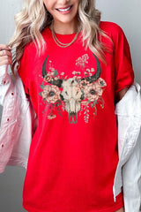 5000-E3113 Western Skull Floral Graphic Heavy Cotton Tee $9