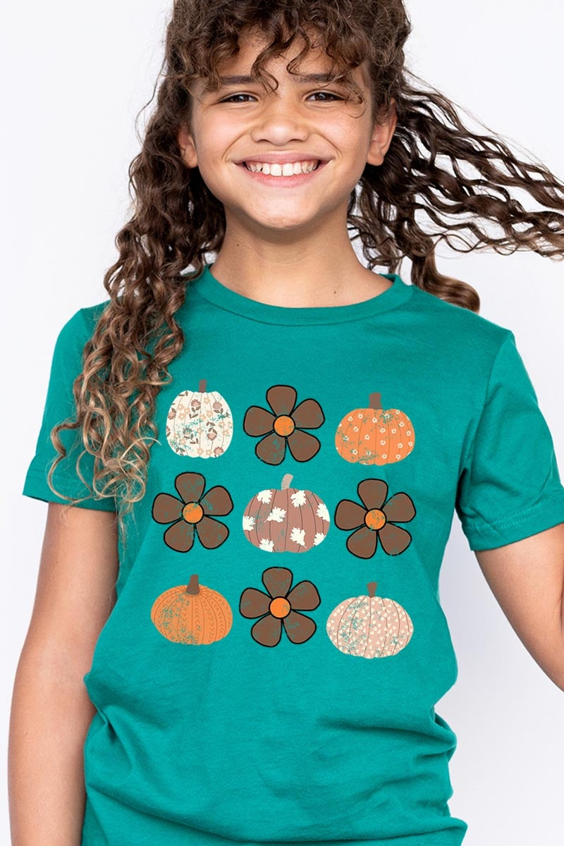 US3001Y-E3117Z Pumpkins & Flowers Fall Kids Graphic Tee $11