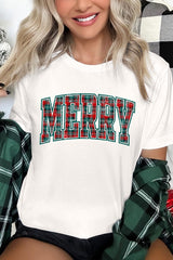 US3001P-E3210 Classic Plaid Merry Graphic Plus Tee $16