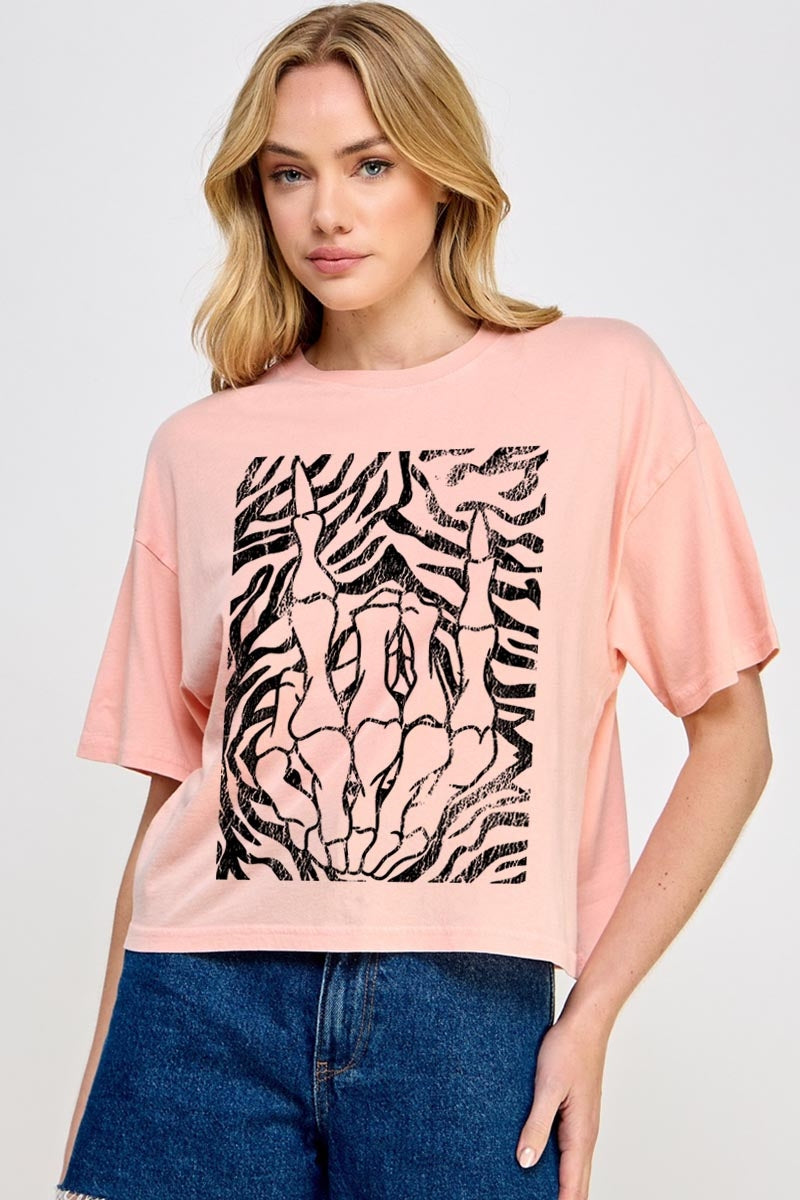 CTS-E3177 Skeleton Hands Zebra Graphic Relaxed Crop Top $11