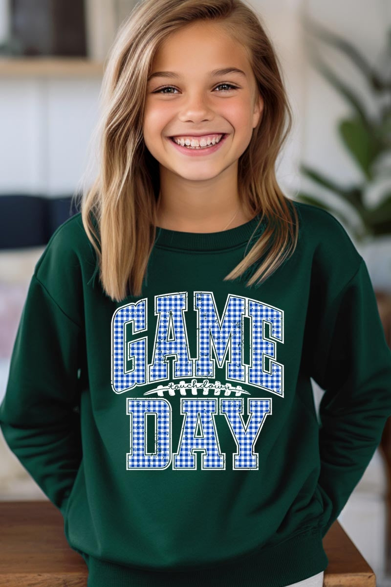 UL180B-E3130Z Blue Gingham Game Day Kids Graphic Sweatshirt $20