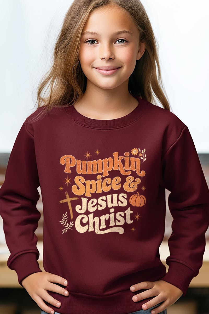 UL180B-E3164Z Pumpkin Spice & Jesus Kids Graphic Sweatshirt $20