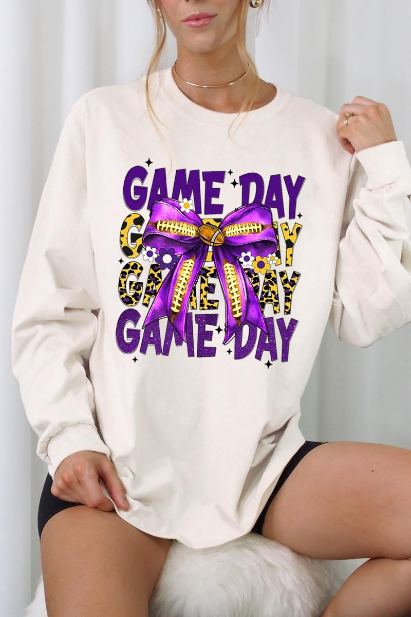UL240-E3092 Purple Yellow Football GameDay Bow Long Sleeve Tee $13.75
