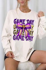 UL240-E3092 Purple Yellow Football GameDay Bow Long Sleeve Tee $13.75